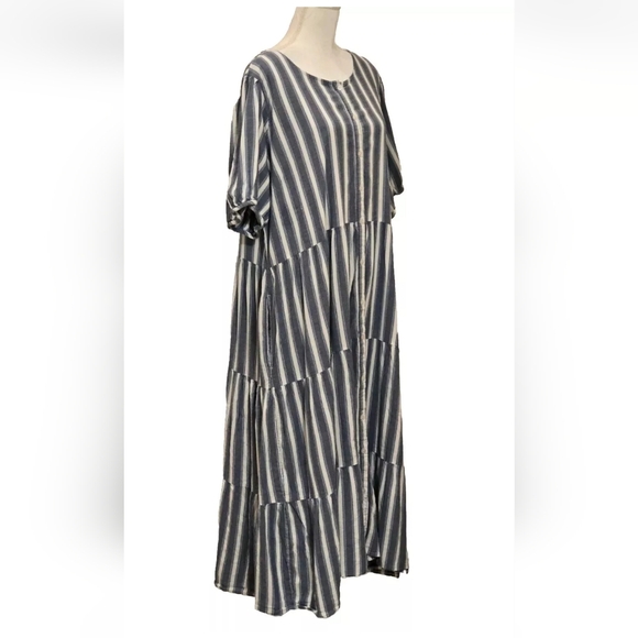 Old Navy Striped Puff Sleeve Tiered Cotton Pockets Button Front Dress Sz XXL - Picture 5 of 12